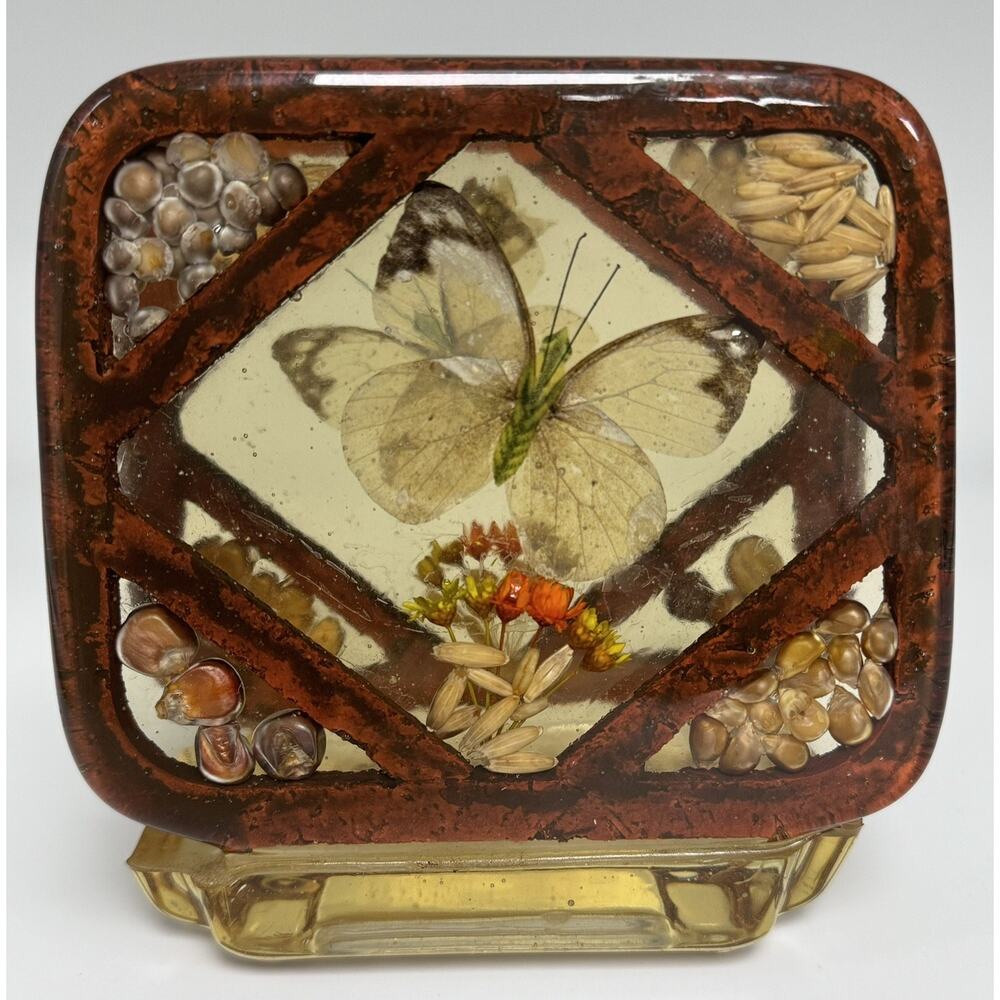 Lucite Napkin Holder Resin Butterfly Seeds Flowers Retro Design